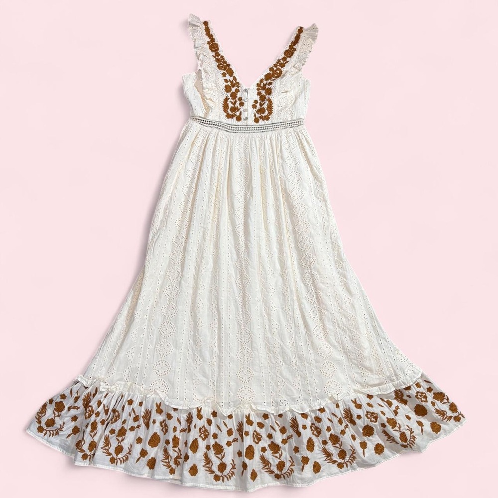 Allison NY Anthropologie Off White Maxi Dress with Brown Floral Embroidery Small